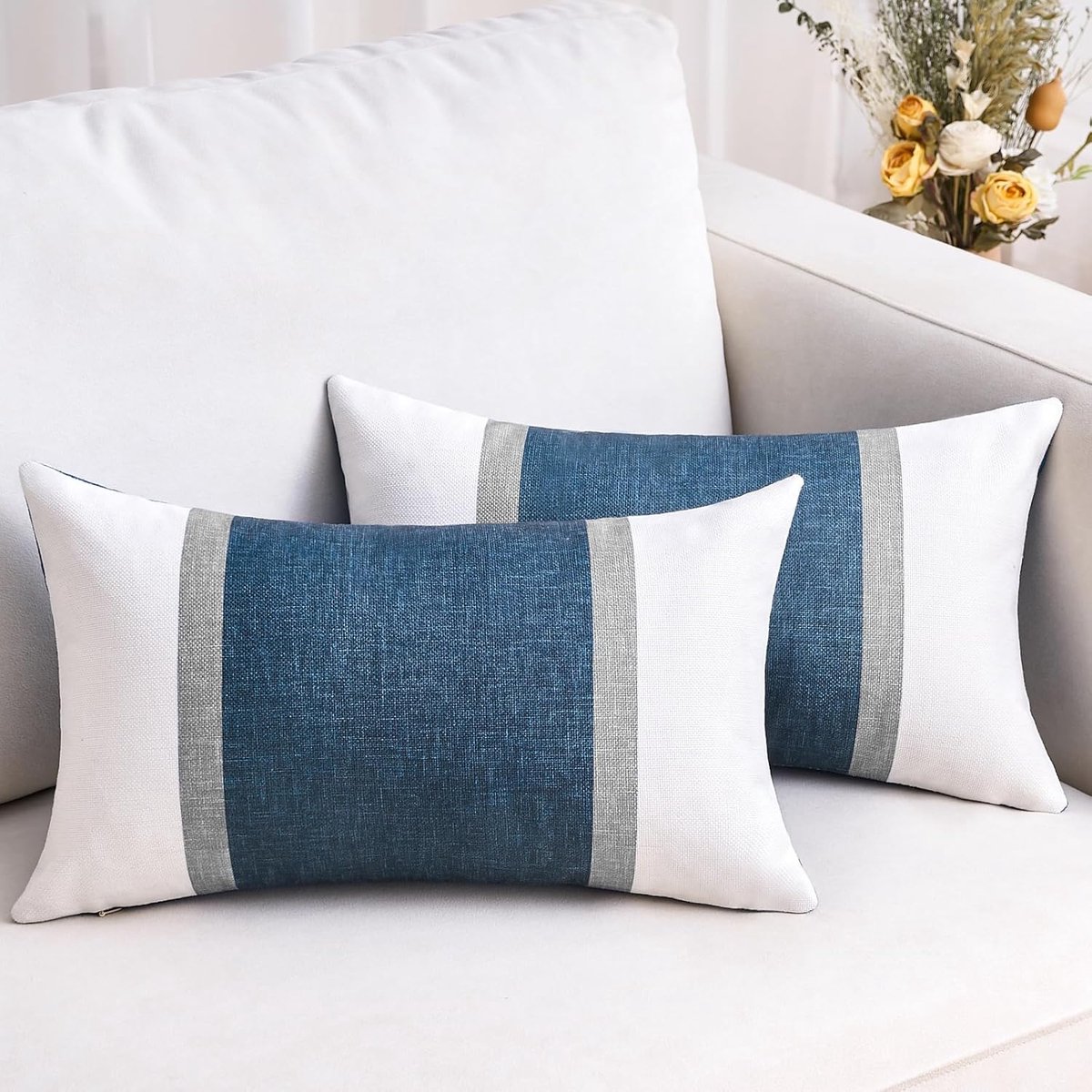 Famanu Set van 2 kussenslopen, 30 x 50 cm, bankkussen, sierkussen, blauw, katoen, linnen, kussenhoezen, strepen, decoratieve kussensloop, patchwork, bank, kussenslopen voor bank, slaapkamer, woonkamer wit
