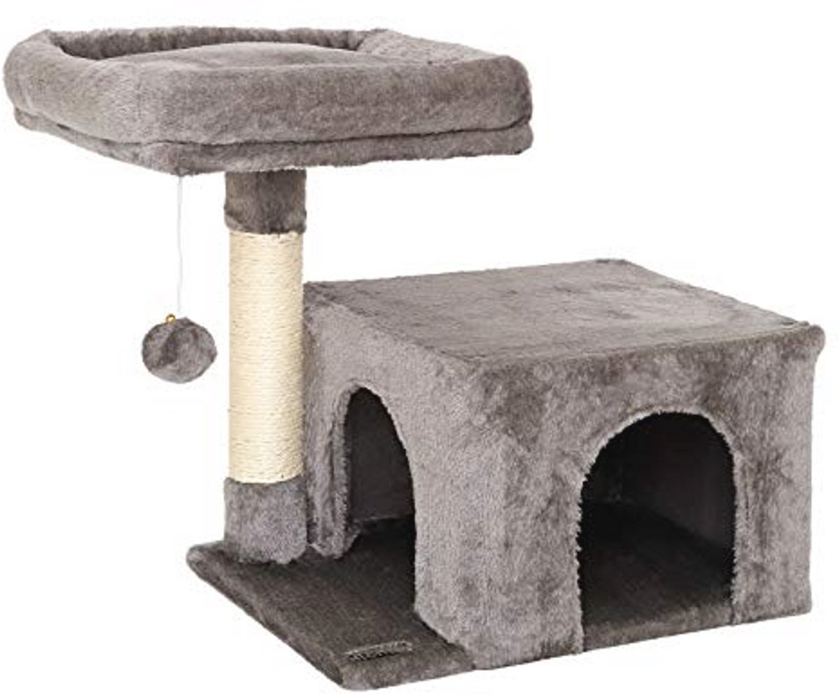 Kattenkrabpaal met comfortabele ligplaats en hol - 50 cm hoog - Donkergrijs - Met Pluche Bal en Sisaltouw