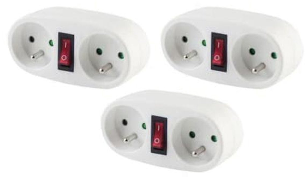 Set van 3 Witte Dominostekkers met Schakelaar - 2 x 16 A Stopcontacten