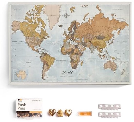 Wereldkaart Canvas met Kurk Pin Board - 70x50 cm