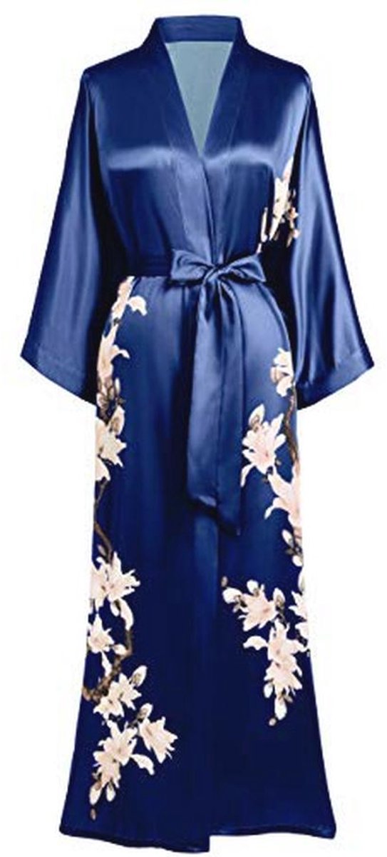 Lang Navyblauw Kimono Ochtendjas met Bloemenprint