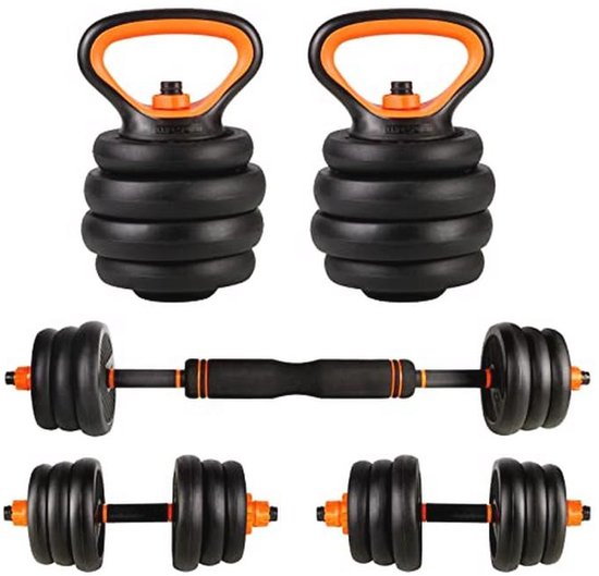 Verstelbare halterset bestaande uit twee kettlebells, een barbell en twee dumbbells in zwart met oranje accenten.
