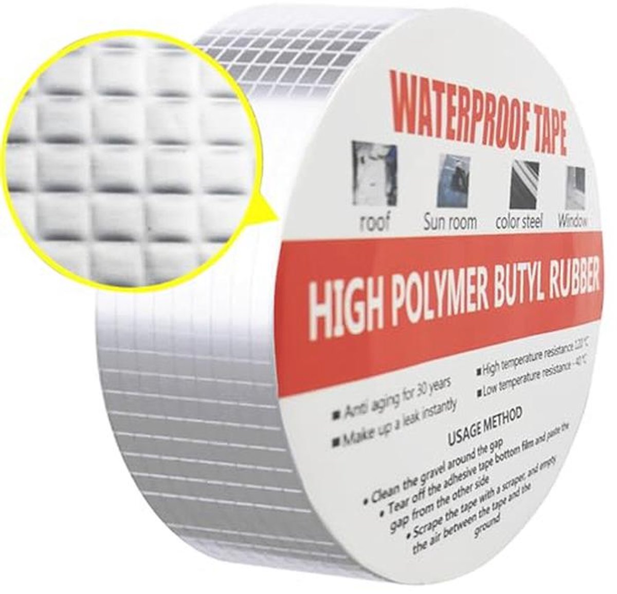 Waterdichte afdichtingstape voor dakreparatie – Butylrubber en aluminiumfolie (5 m x 5 cm x 1 mm)