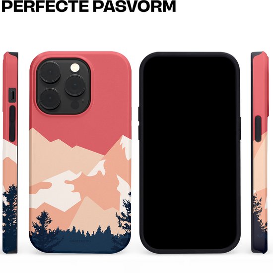 iPhone 14 Pro hoesje met bergenlandschap in rood, oranje en blauw. Meerdere hoeken en een zwarte voorzijde.