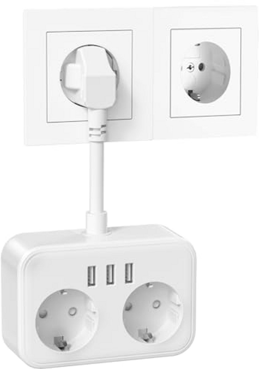 Dubbele stekker met 3 USB poorten en korte kabel