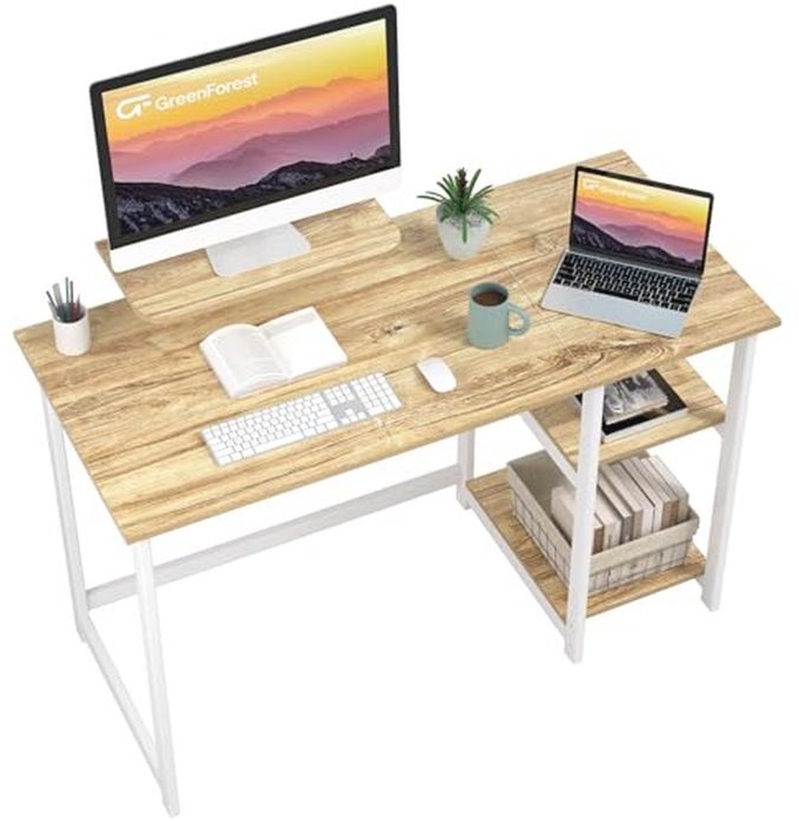 Computer Bureau met Monitor Stand - 120cm Home Office Bureau met Omkeerbare Opbergplanken voor Kleine Kantoren