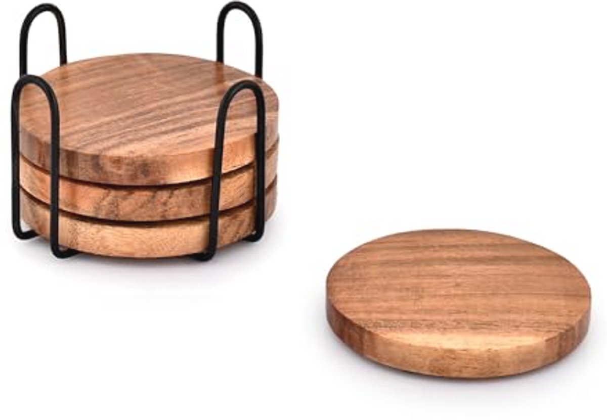 Acacia houten onderzetters met standaard voor dranken - Set van 4