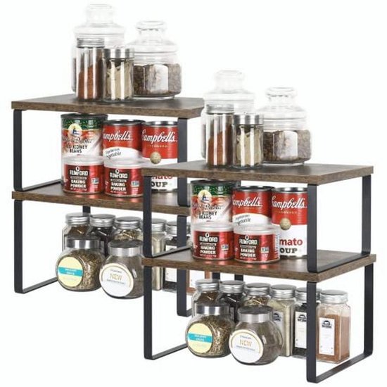 LIANTRAL Keukenrek, set van 4 keukenkast-organizers, keukenorganizer van metaal en houtmateriaal, uitbreidbaar en stapelbaar, klein rek, keuken, kastorganizer, kruidenrekken, bruin en zwart