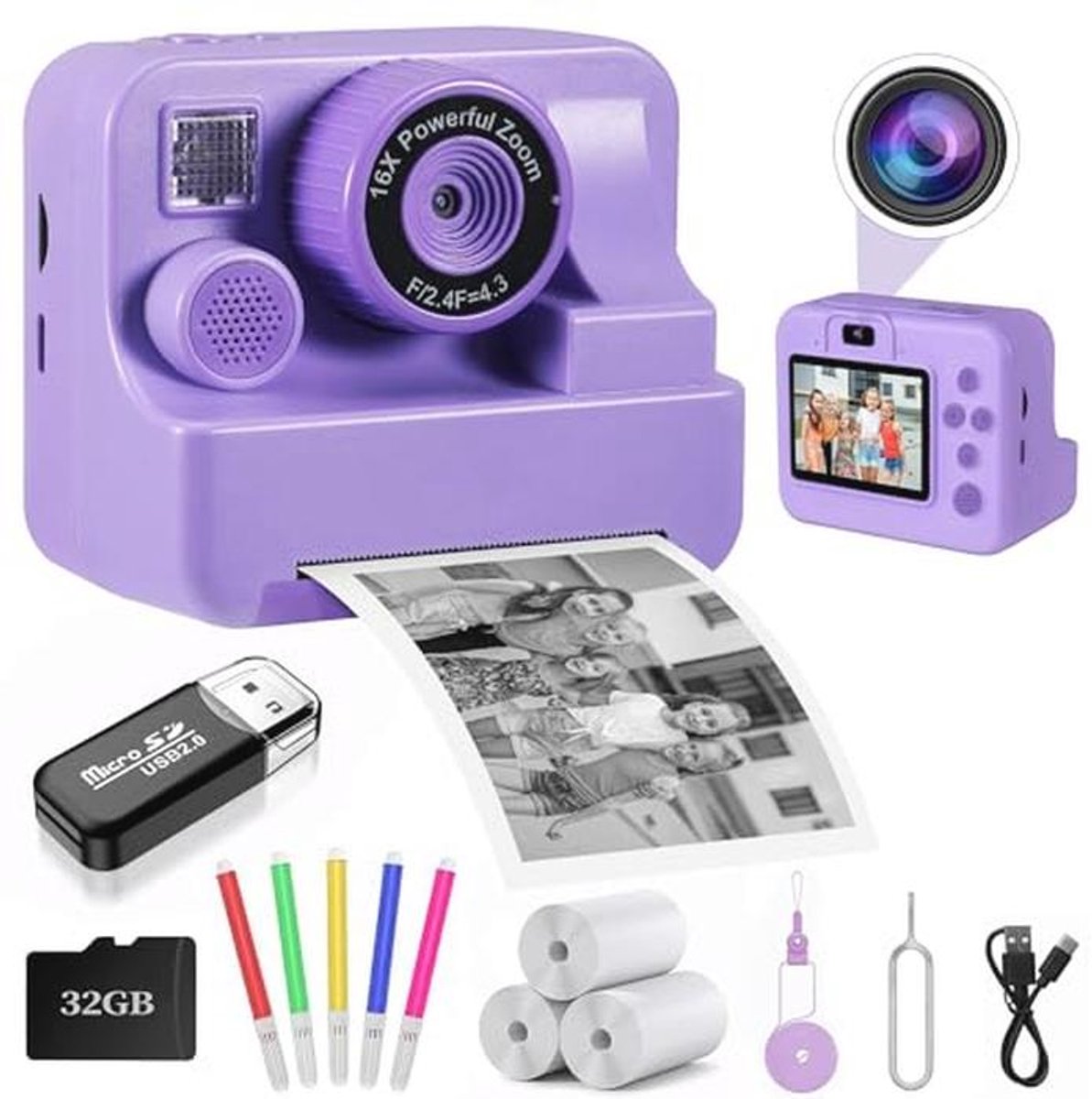 Children's Instant Camera 2.4 Inch 1080p HD Digital Camera for Kids with 32GB Card