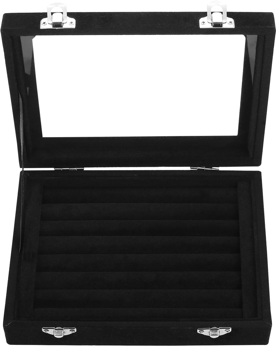 Ibenzoa® Elegante zwarte sieradenbox met glazen deksel en 7 vakken voor ringen
