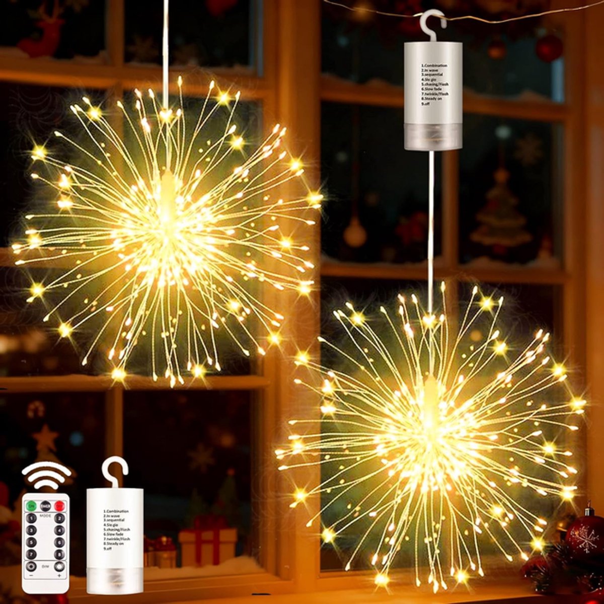 MUPOO Kerstverlichting Buiten 2-Pack – LED Vuurwerklichten 198 LEDs Warm Wit – Batterij Aangedreven Lichtslinger met 8 Modus & Timer – Sfeerverlichting voor Binnen & Buiten, Kerst, Tuin, Balkon & Feestdecoratie