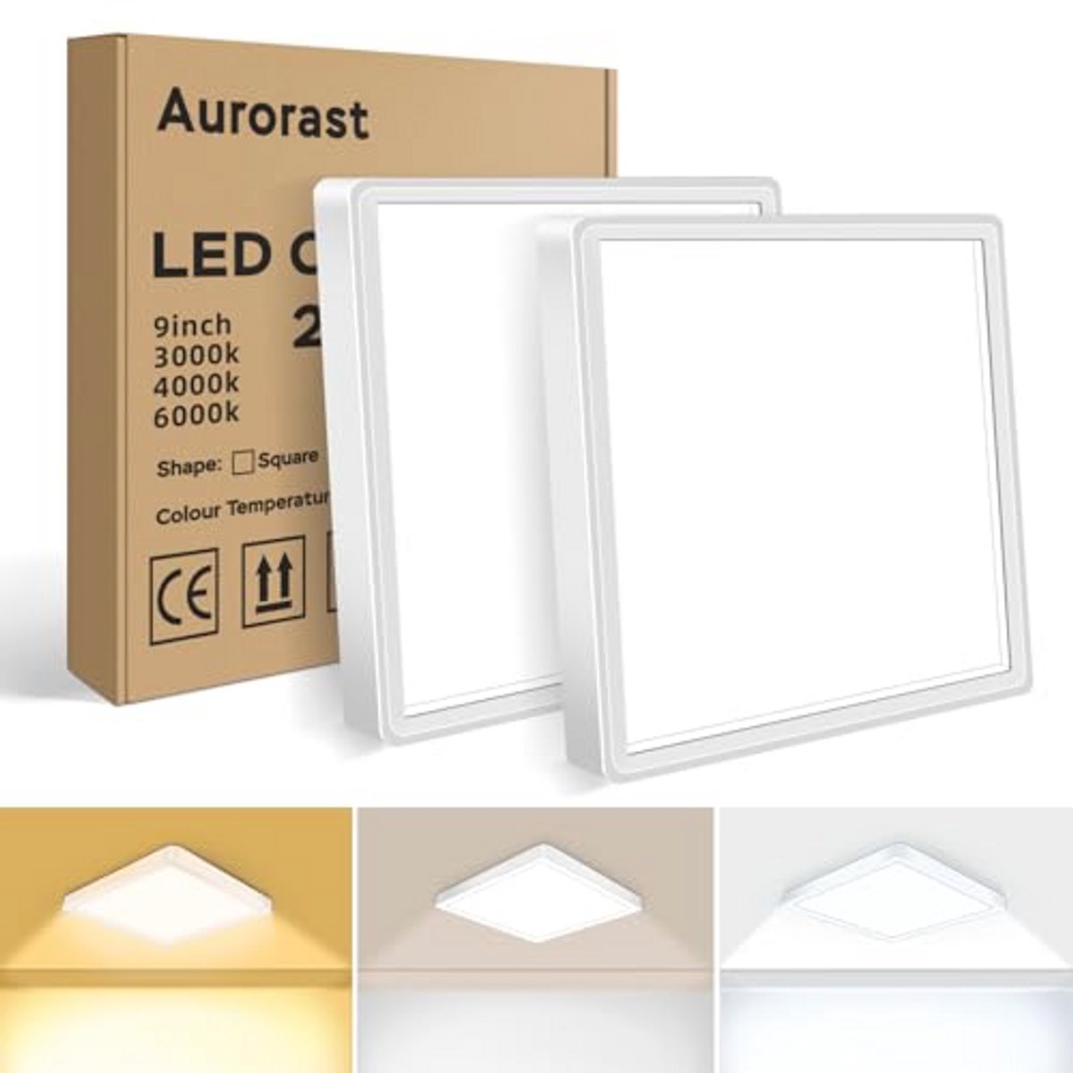 LED Plafondlamp 20W IP44 Waterdicht - 2-pack Ultra Dunne Vierkante Plafondverlichting met Verstelbare Kleur Temperatuur
