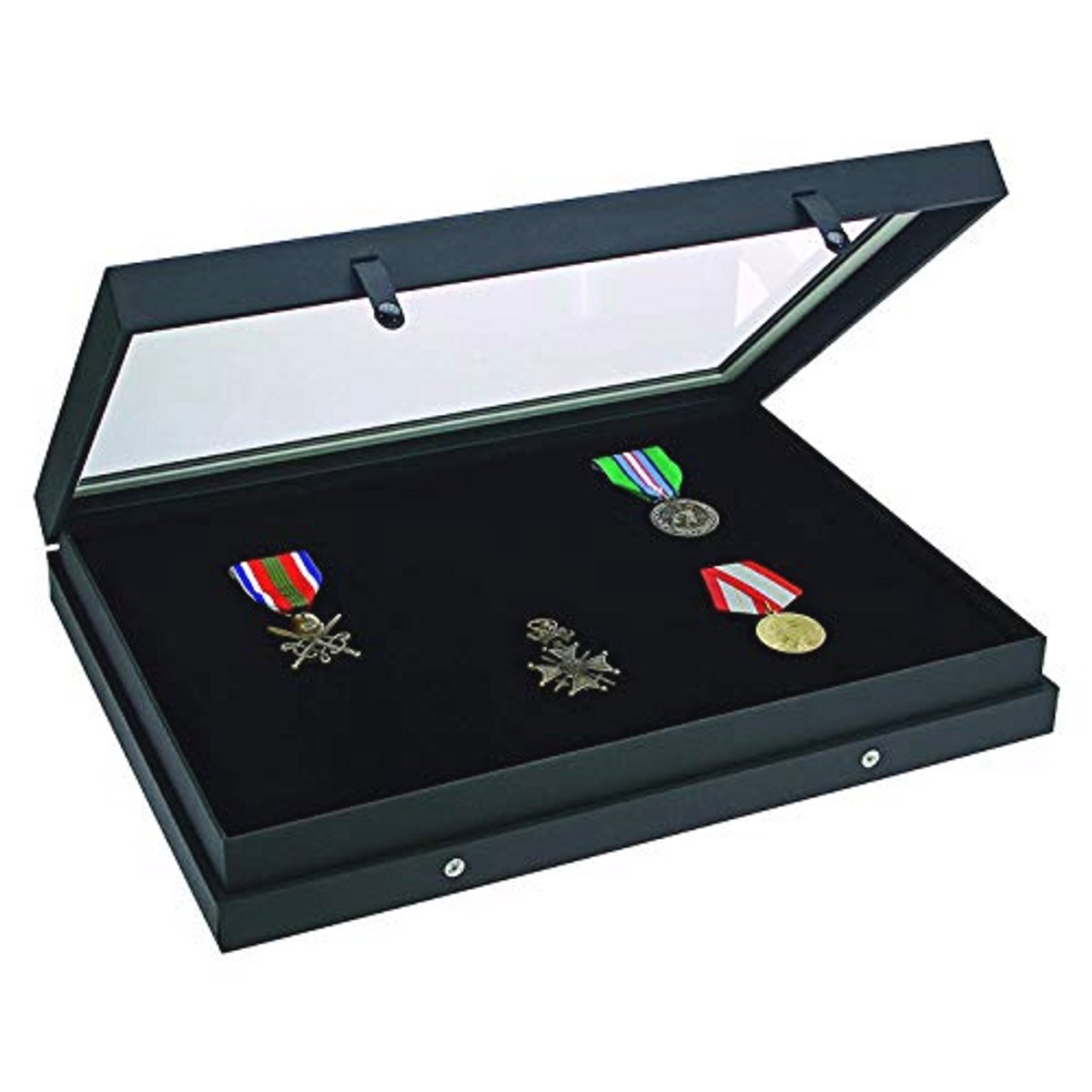 SAFE 5678 Black Edition Collection Display Case with Real Glass Lid | Matte Black Linen Structured Surface | Set Case for Jewelry, Gemstones, Minerals | 40 x 30 x 5.5 cm