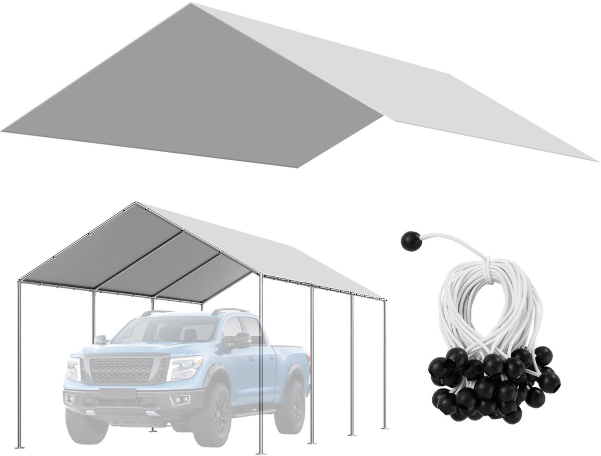 Carport Dakzeil - Garagetent Vervangdoek - 3,04 x 6 m - UV-bestendig - Zware kwaliteit - Met bungee-elastieken - Zonder frame - Grijs