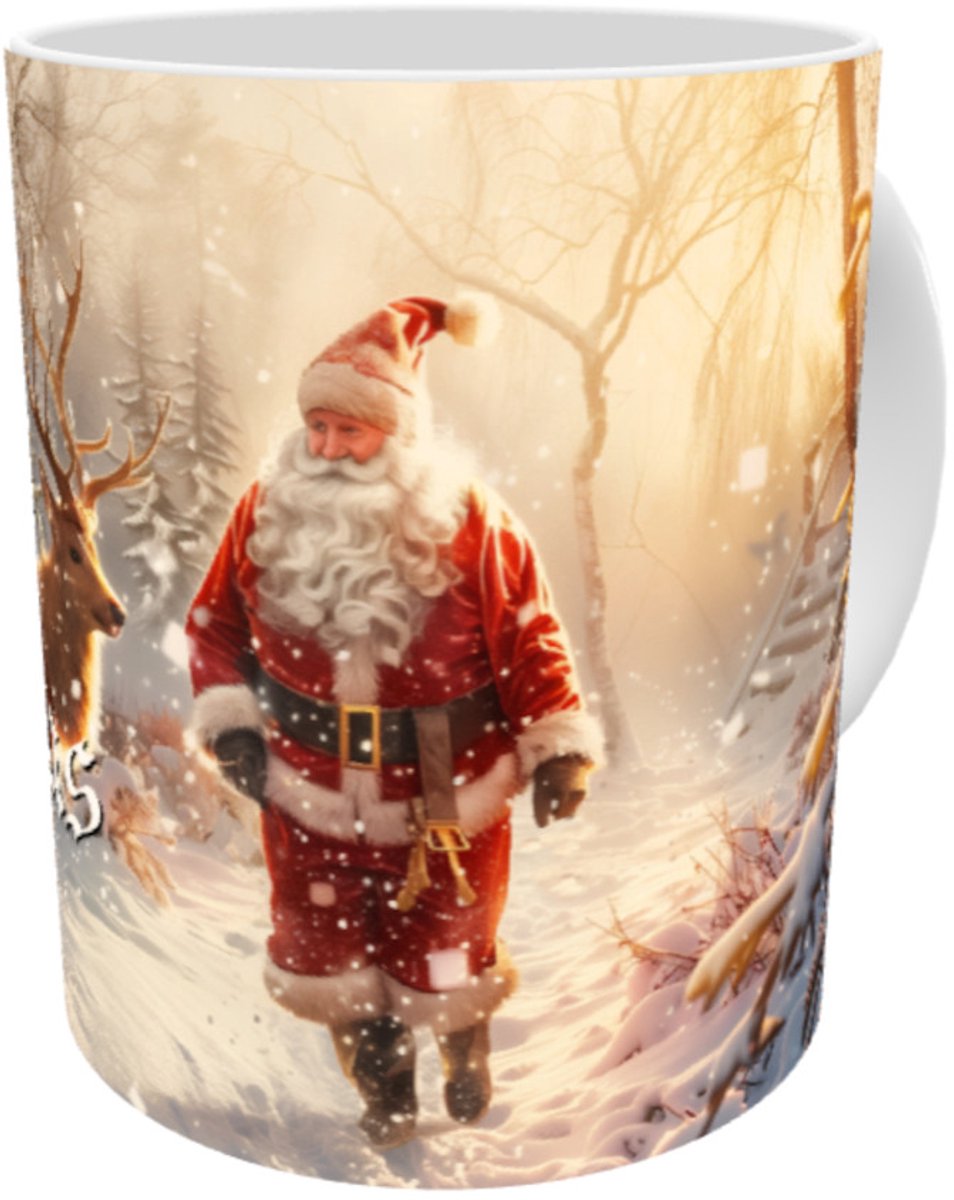Merry Christmas Santa and Reindeer - Vrolijk Kerstfeest - Fijne Kerstdagen - Kerstman en Rendier in Sneeuw - Mok 330 ml