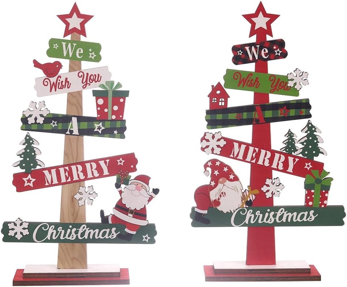 Houten kerstboomvormige tafeldecoratie in rood voor thuis, kantoor en feesten.