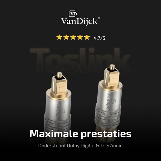 Twee VanDijck optische kabels met gouden en zilveren connectors.