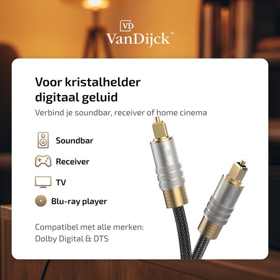 Van Dijck Toslink kabels met gouden connectoren voor kristalhelder digitaal geluid, compatibel met soundbar, receiver, TV en Blu-ray.