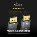 Twee gouden Displayport 1.4 connectoren met VanDijck logo en "8K ULTRA HD" opdruk.