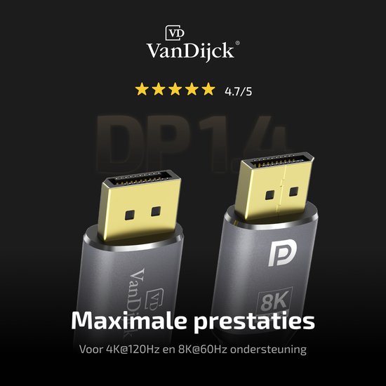 Twee gouden Displayport 1.4 connectoren met VanDijck logo en "8K ULTRA HD" opdruk.