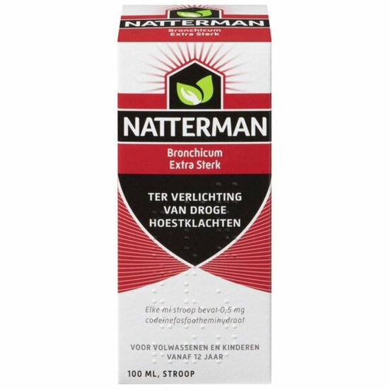 Doos Natterman Bronchicum Extra Sterk hoestdrank, 100 ml. Rood, zwart en wit design met tekst.