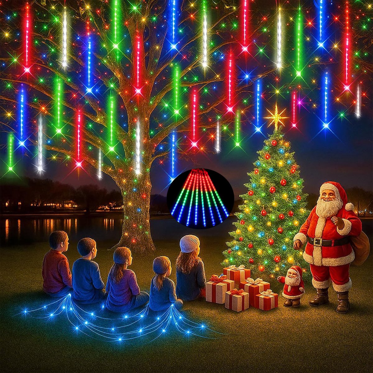 MUPOO Kerstverlichting Meteorenregen Lichtsnoer voor buiten- 50cm 288 LEDS Veelkleurig - Vallende Sterren Effect-360° Buitenverlichting -Energiebesparing en milieubescherming-Voor Themapark Festivals