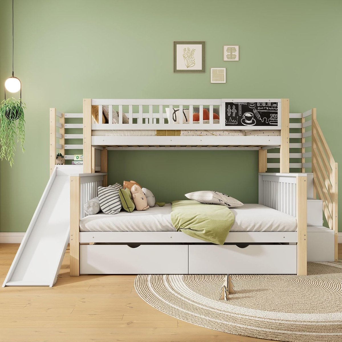 Kinderhoogslaper met Glijbaan en Bureau – Multifunctioneel Stapelbed 90x200 + 140x200 cm, Opbergbed met Laden, Opbergtrap en Open Plank, Minimalistisch Design, Dennenhout, Wit/Naturel – Medahomestore