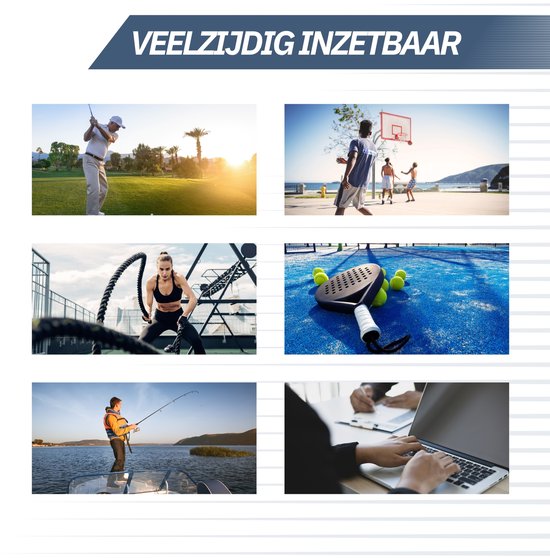 Afbeeldingen van activiteiten: golfen, basketbal, bootcamp, padel, vissen en werken op kantoor.