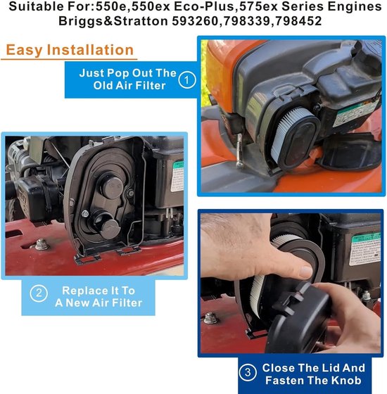 Luchtfilters voor grasmaaier 593260, met koolstofvoorfilter, 4-pack vervangende luchtfilters, compatibel met Geschikt voor Briggs & Stratton-seriemotoren 798452 798339 334404 4247 5432 5432k 09P00 09P702 550E 500EX van Merkloos	 — afbeelding 3