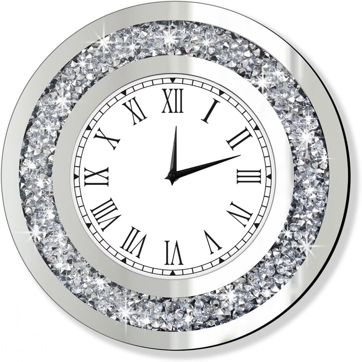Zilveren ronde spiegelklok, 40 cm, kristalheldere diamanten spiegelwandklok voor wanddecor