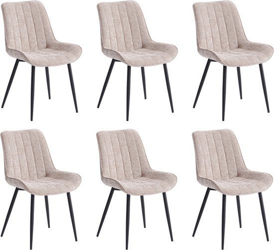 Ensemble de six chaises de salle à manger taupe en tissu chenille avec pieds noirs.