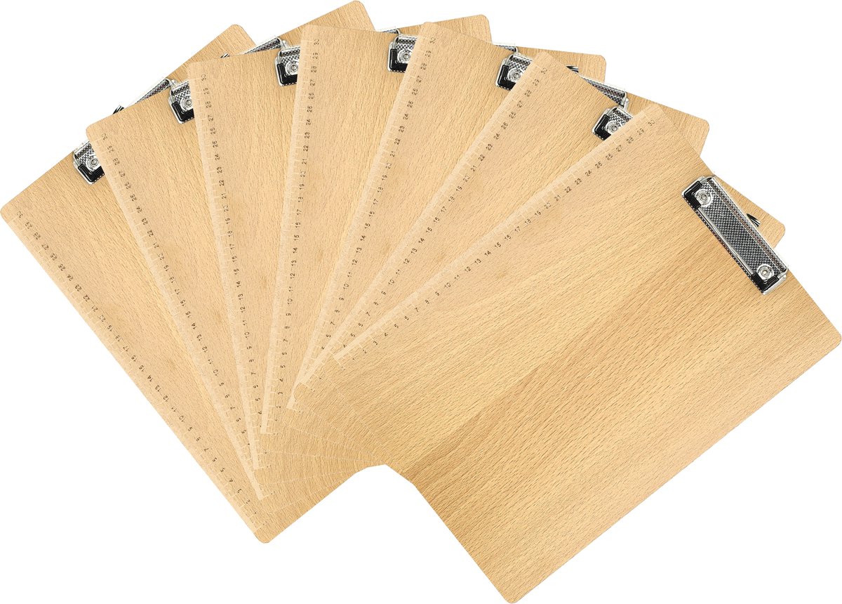 Klembord A4 – Set van 7 Houten Klemborden – Met Sterke Klem en Liniaal – Harde Houtlook Schrijfplaat voor School, Kantoor, Horeca en Thuis