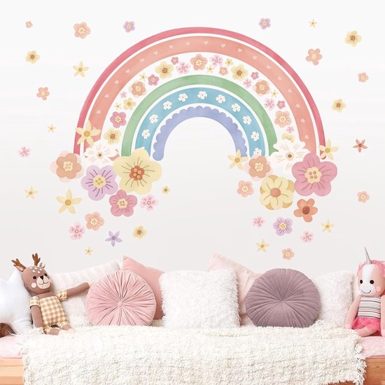 Sticker arc-en-ciel coloré avec des fleurs, décoré de peluches mignonnes.