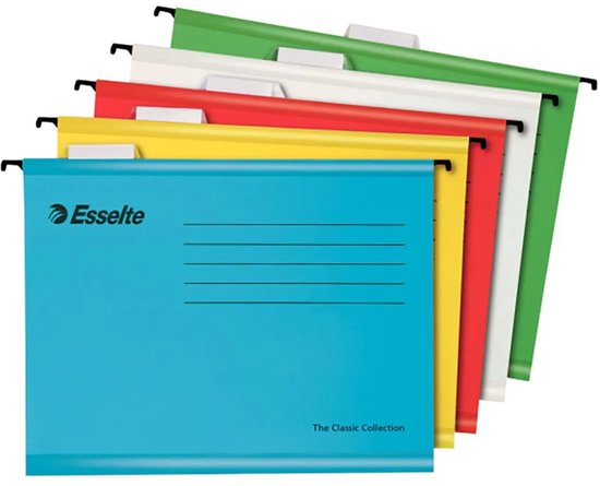 Assortiment Esselte hangmappen in de kleuren blauw, geel, rood, wit en groen. Met Esselte logo.