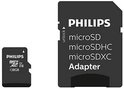 Philips microSD-kaart en adapter. De kaart is 128 GB. De adapter heeft de tekst 'unlock' en 'microSD microSDHC microSDXC Adapter'.