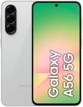 Zilverkleurige Samsung Galaxy A56 5G, achterkant en voorkant. Telefoonscherm toont "Galaxy A56 5G".