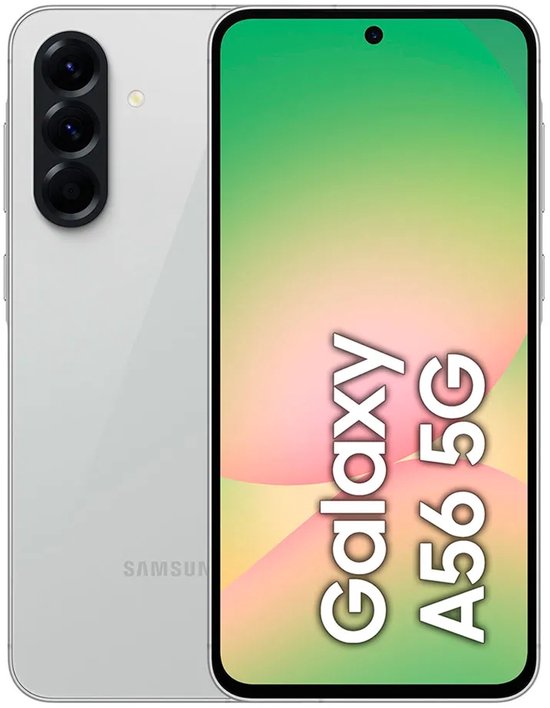 Zilverkleurige Samsung Galaxy A56 5G, achterkant en voorkant. Telefoonscherm toont "Galaxy A56 5G".