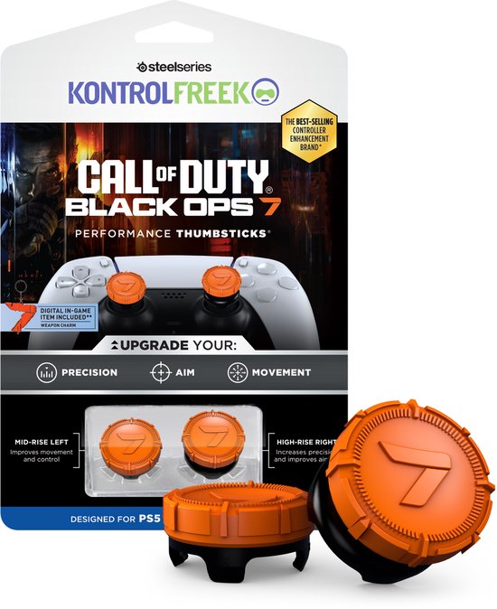 Boîte KontrolFreek pour Call of Duty Black Ops 7 Performance Thumbsticks. Porte-clés d'arme inclus. Sticks oranges.