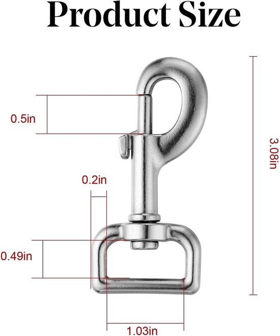 Afmetingen van een zilverkleurige metalen karabijnhaak met D-ring.