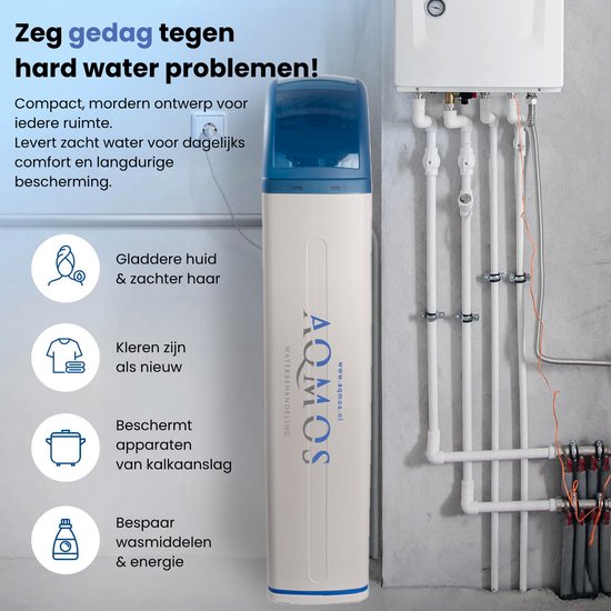Witte waterontharder met blauwe kap, naast een cv-ketel met leidingen. Iconen tonen voordelen: huid/haar, kleding, apparaten, en besparing.