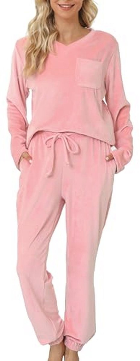 Winter Fleece Pyjama voor Dames - Lange Mouwen Velours Huispak met Zakken