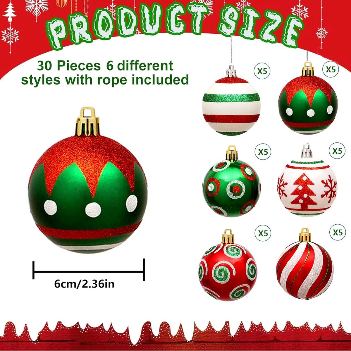 Kerstballen - 30 stuks onbreekbare kerstballen - 6 cm - plastic rode, groene en witte elf glinsterende kerstversieringen - geschikt voor kerstboomversieringen, feestdagen en huisdecoratie – foto 3