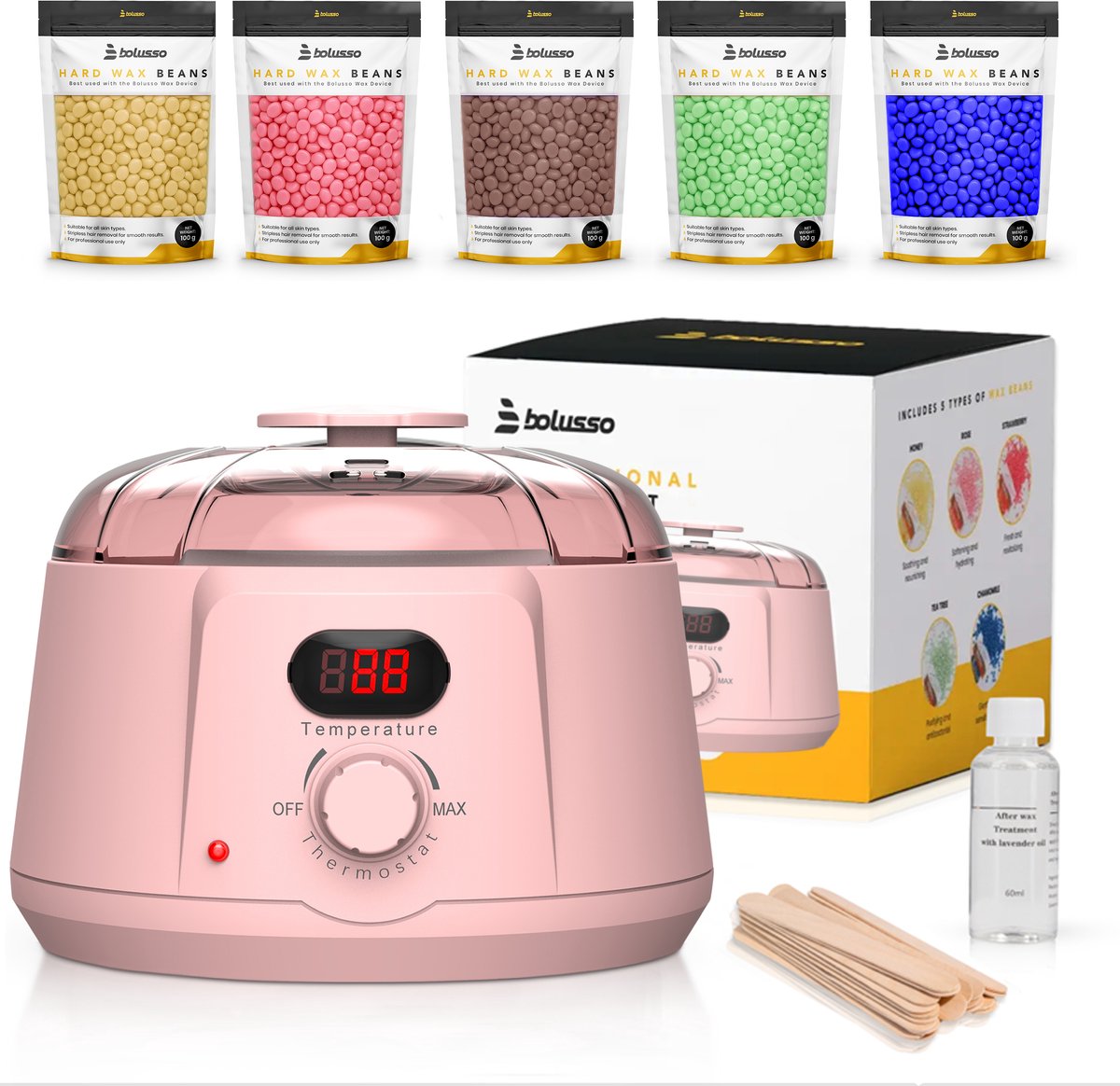 Bolusso Roze Wax Apparaat - NIEUW model - 500g Wax Bonen - Ook voor Neushaar en Wenkbrauwen - Ontharingsapparaat - Wax Heater - Wax Parels - Gratis Wax Spatels - Afterwax - Wax Beans - Startersset
