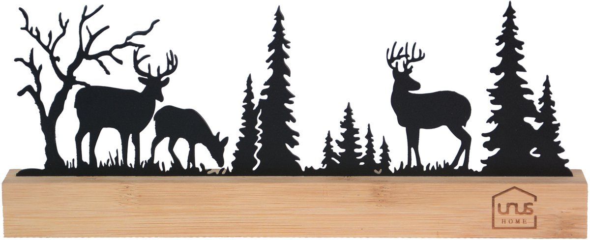 UNUS® Staander winterlandschap zwart decoratie metalen winterdecoratie op bamboe sokkel