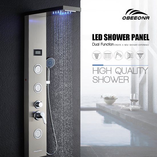 LED douchepaneel met blauwe verlichting, regen- en watervalstraal, handdouche en display. 'LED SHOWER PANEL' is leesbaar.