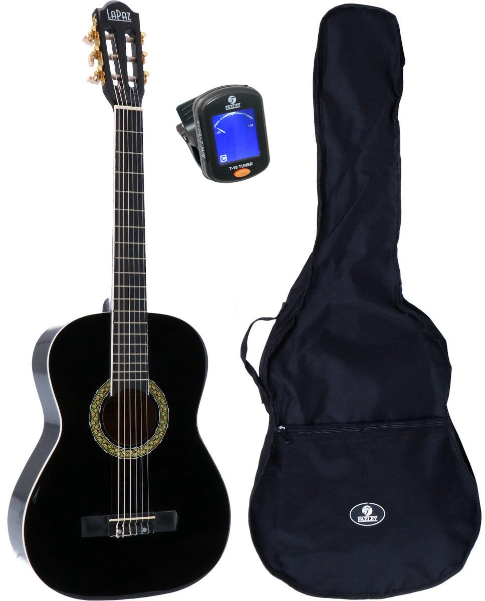 LaPaz 002 BK klassieke gitaar 3/4-formaat zwart + gigbag + stemapparaat