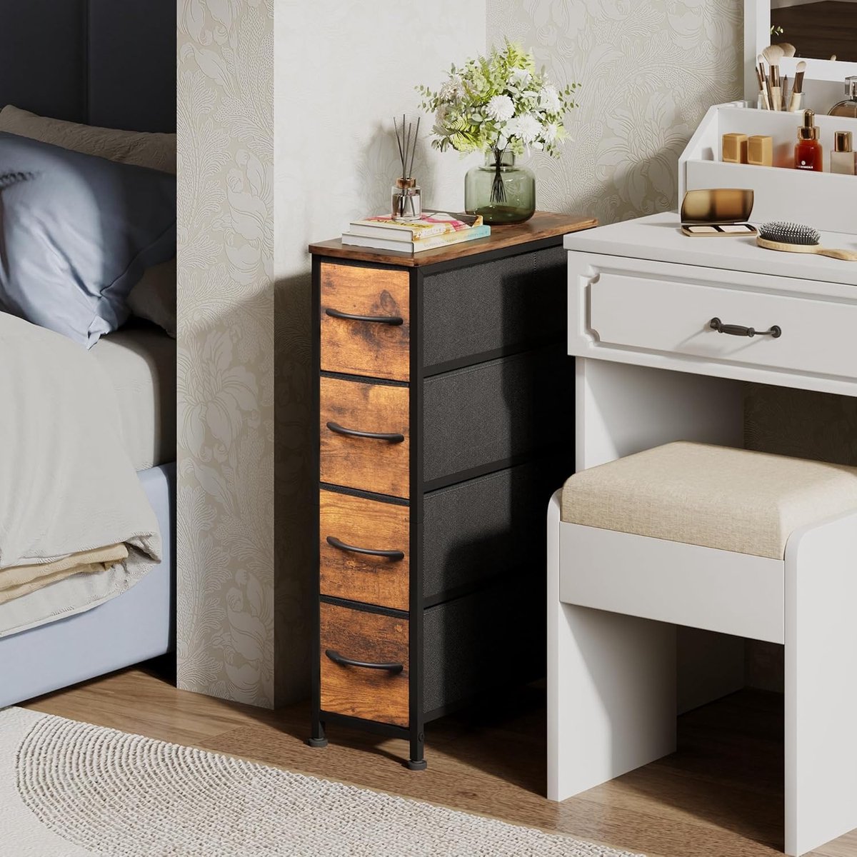 Smalle 4-Lade Ladekast met Stalen - Stalen Frame Houten Bovenblad – - Medahomestore