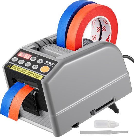 Automatische tapedispenser met rollen blauw en rood plakband, met een digitaal display en uitgesneden stukken blauw en oranje tape.
