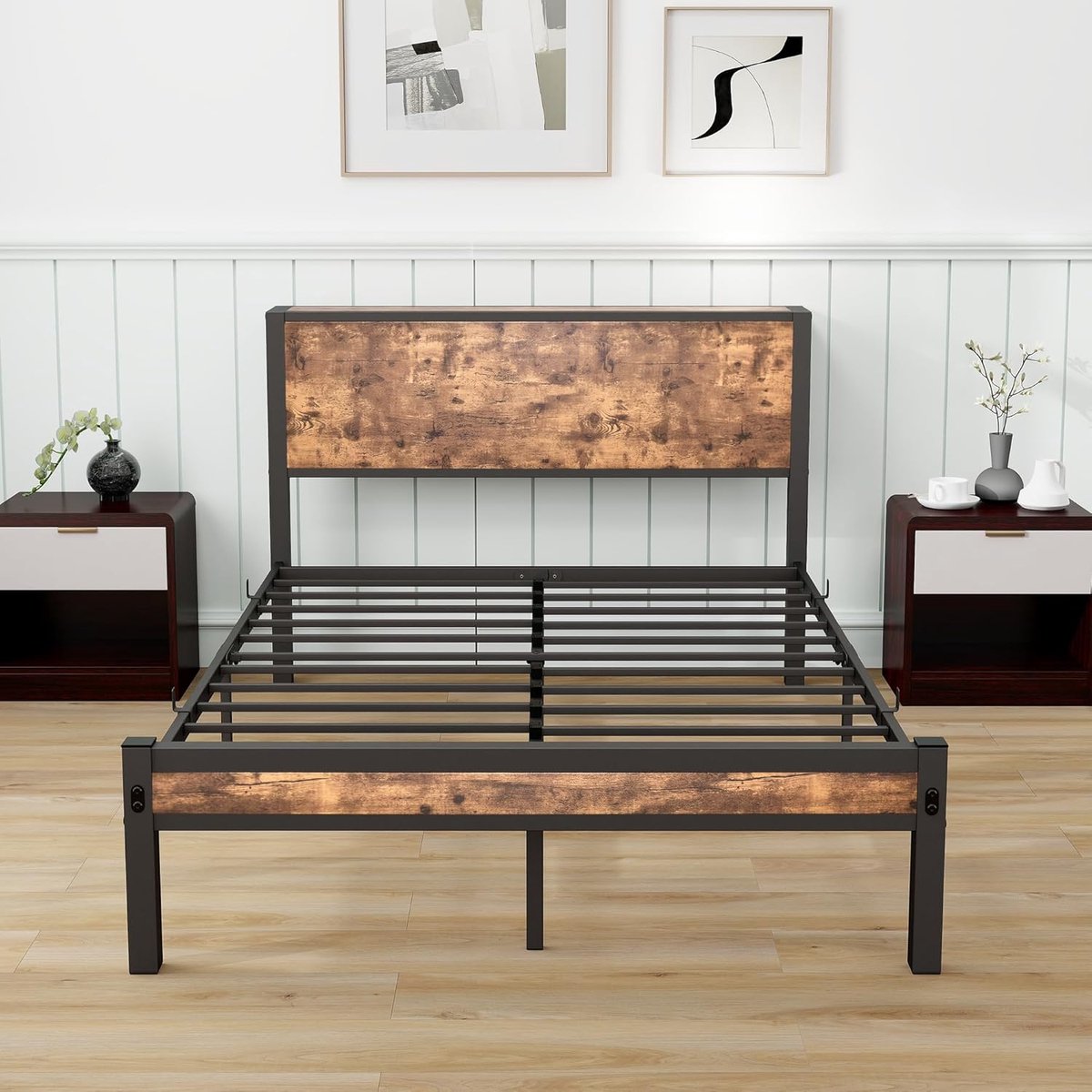 Stabiel Metalen Bedframe 120 x 200 cm met Lattenbodem en Hoofdeindeopbergruimte | Duurzaam Houten Metalen Bed voor Slaapkamer, Tieners en Volwassenen | Eenvoudig te Monteren