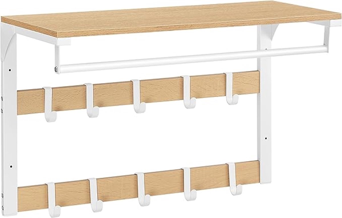 Wandkapstok – Met plank en 10 afneembare haken – Eikenwit